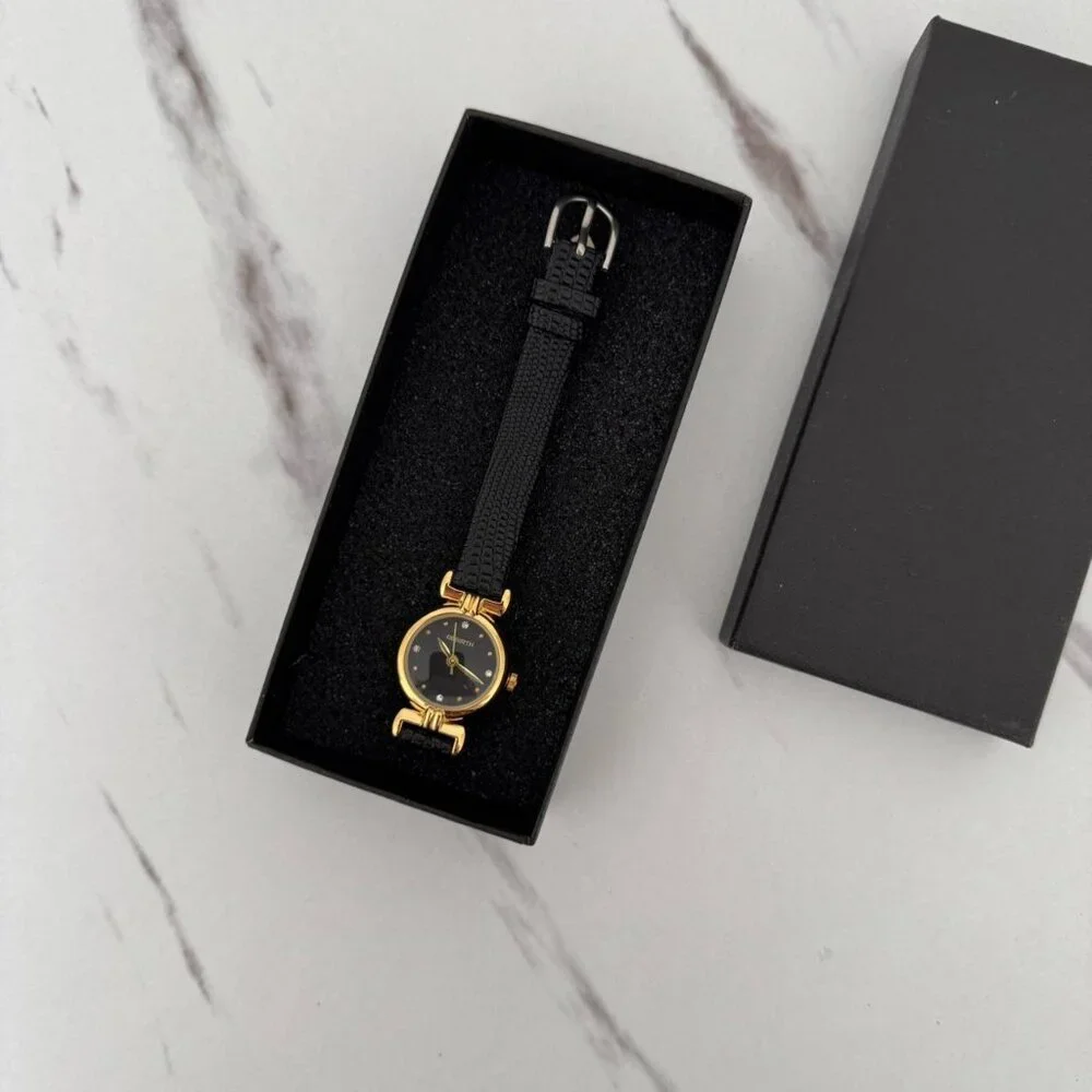 SKU:0130 vintage vibe retro gold black watch black leather strap + in a gift bag